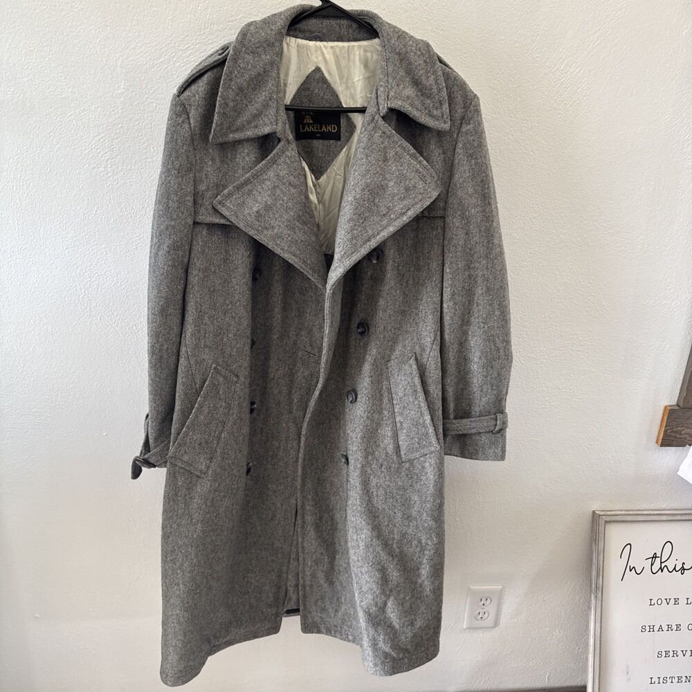 vintage Lakeland heather gray wool double-breasted trench coat Size 44